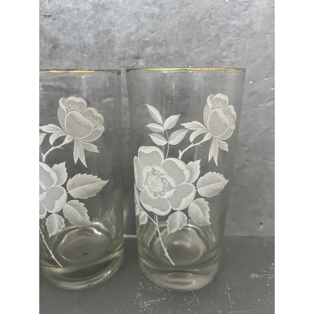 Vintage Wild Rose Floral Juice Glasses Gold Rim Tumblers Set of 5
